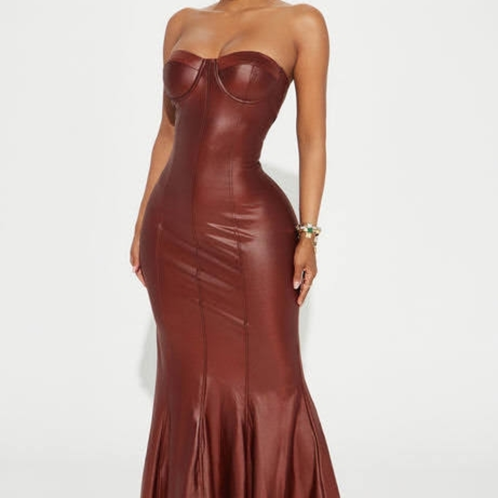 Fashion Nova Chocolate Strapless Faux Leather Maxi Dress